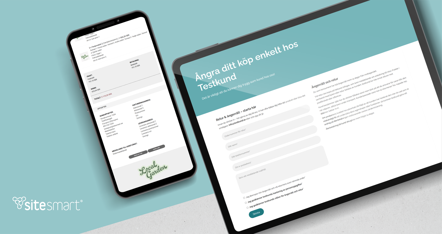 En ipad med en skärmbild på en ångra ditt köp sida och en telefon med en orderbekräftelse med en ångra-knapp” i ordermejlet. 