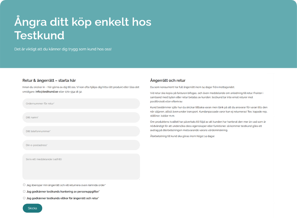 En ångersida på webbplatsen med formulär.